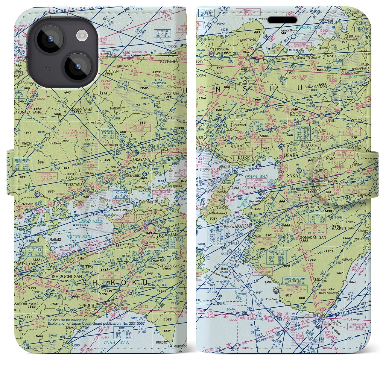 【大阪航空図(大阪府)】航空図iPhoneケース(手帳タイプ)デイタイムフライト・iPhone 14 Plus 用