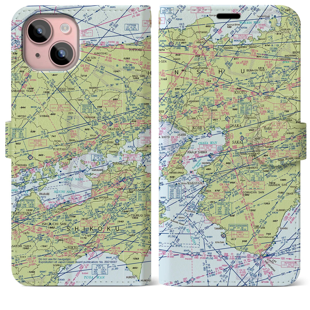 【大阪航空図(大阪府)】航空図iPhoneケース(手帳タイプ)デイタイムフライト・iPhone 15 Plus 用