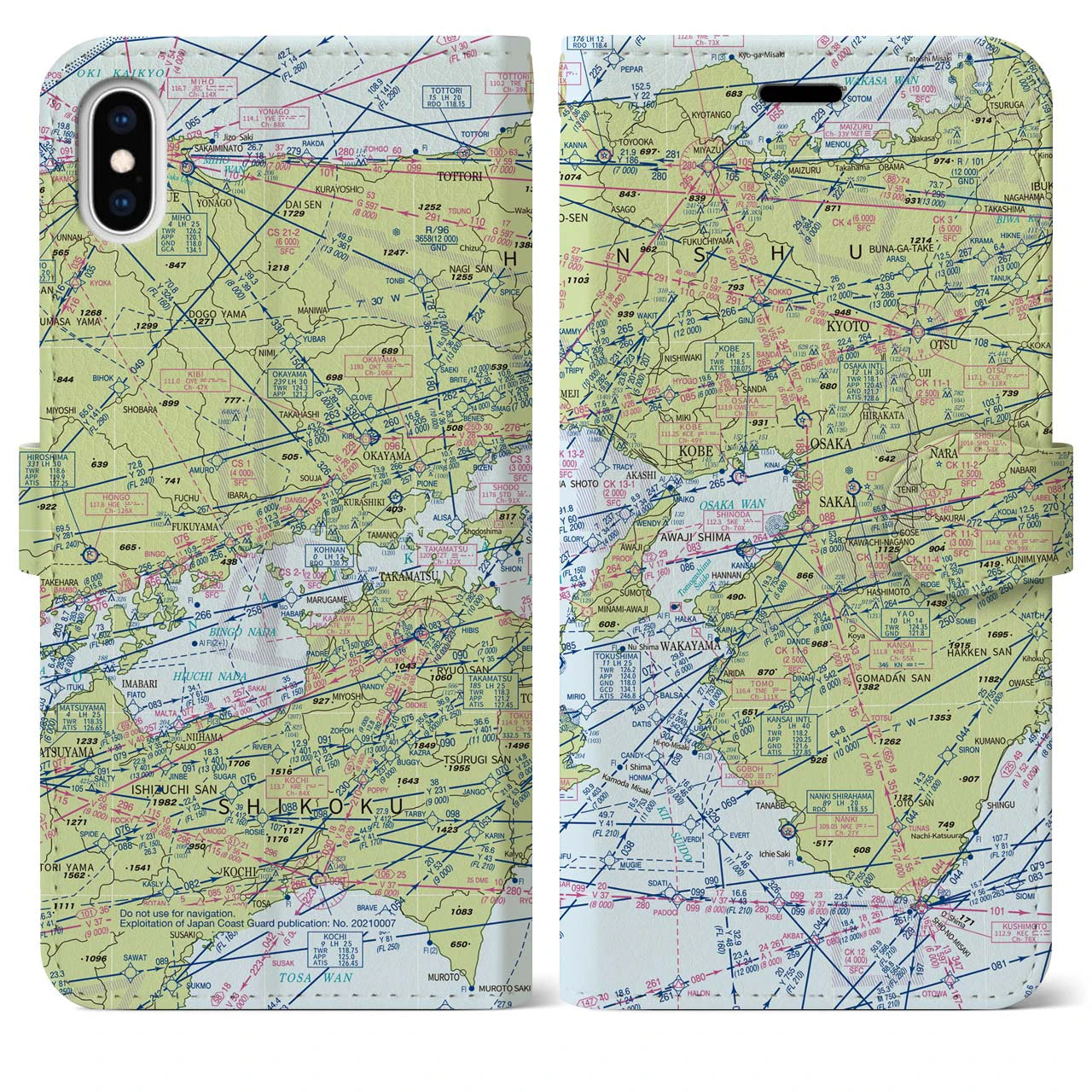 【大阪航空図(大阪府)】航空図iPhoneケース(手帳タイプ)デイタイムフライト・iPhone XS Max 用