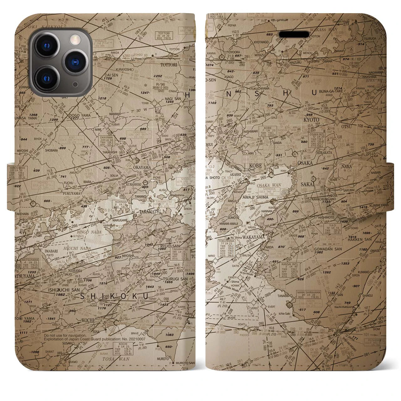 【大阪航空図(大阪府)】航空図iPhoneケース(手帳タイプ)セピア・iPhone 11 Pro Max 用