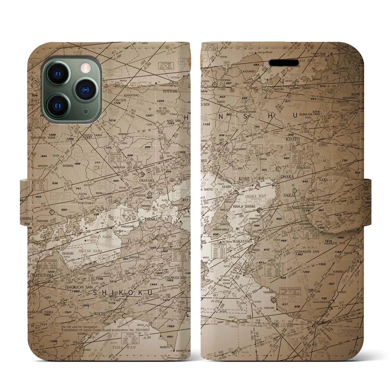 【大阪航空図(大阪府)】航空図iPhoneケース(手帳タイプ)セピア・iPhone 11 Pro 用