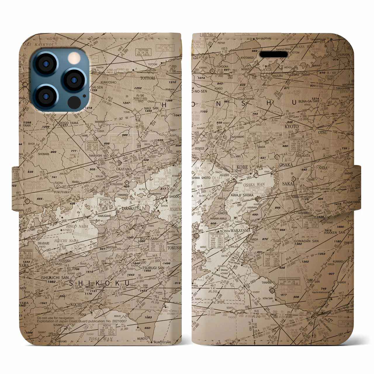 【大阪航空図(大阪府)】航空図iPhoneケース(手帳タイプ)セピア・iPhone 12 / 12 Pro 用