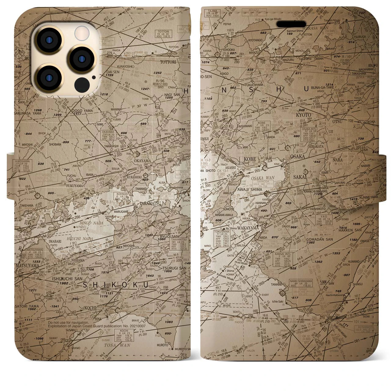 【大阪航空図(大阪府)】航空図iPhoneケース(手帳タイプ)セピア・iPhone 12 Pro Max 用