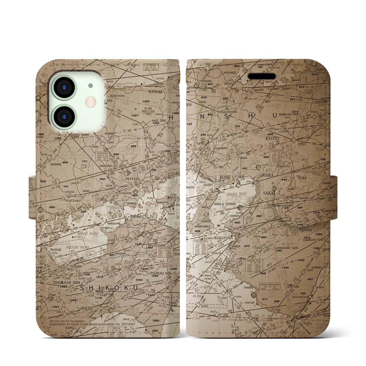 【大阪航空図(大阪府)】航空図iPhoneケース(手帳タイプ)セピア・iPhone 12 mini 用