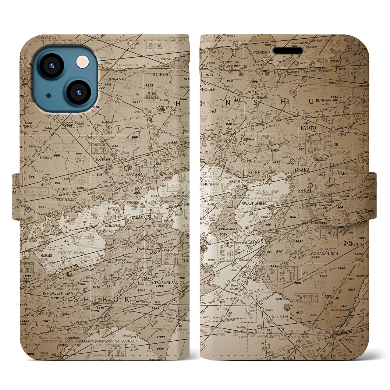 【大阪航空図(大阪府)】航空図iPhoneケース(手帳タイプ)セピア・iPhone 13 用