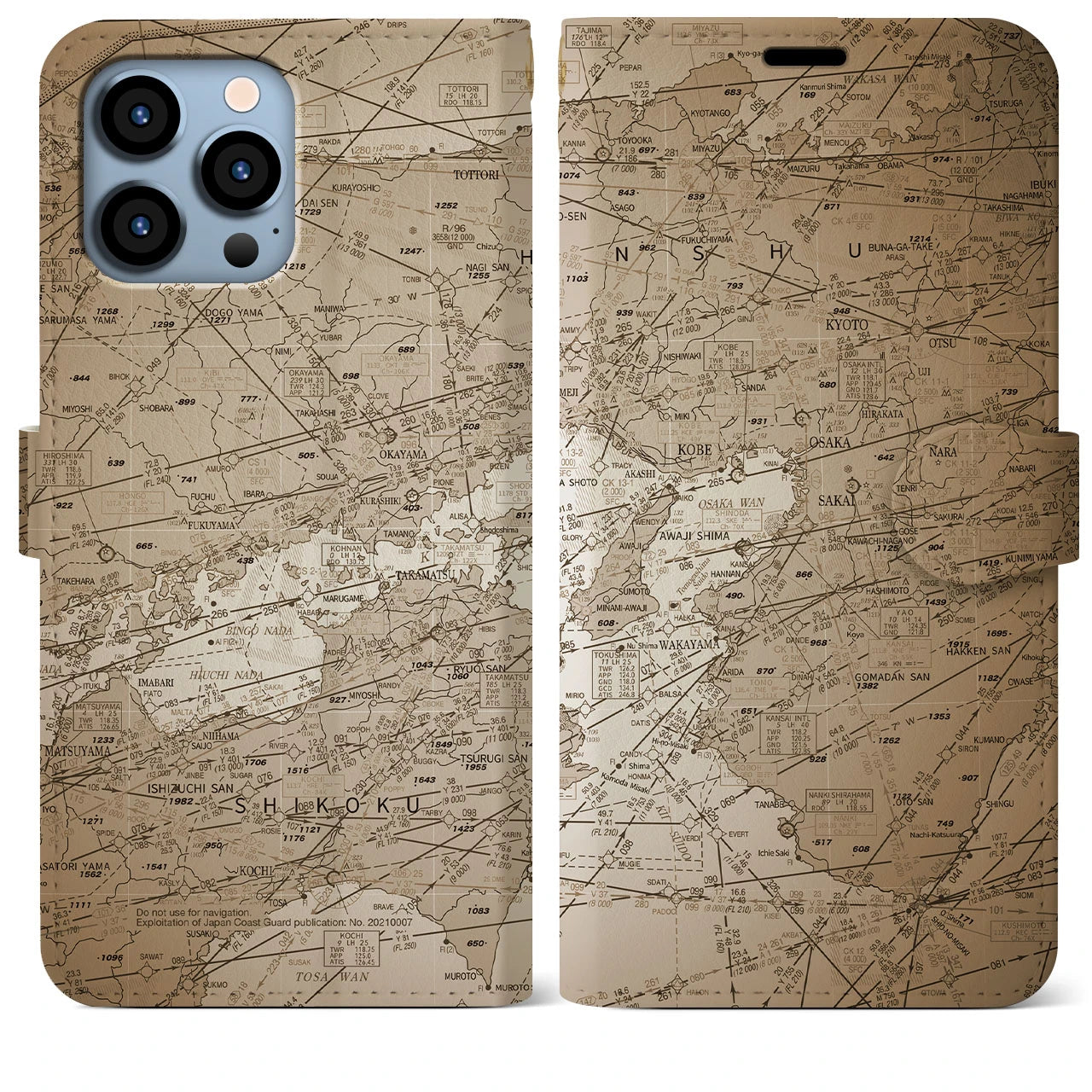 【大阪航空図(大阪府)】航空図iPhoneケース(手帳タイプ)セピア・iPhone 13 Pro Max 用