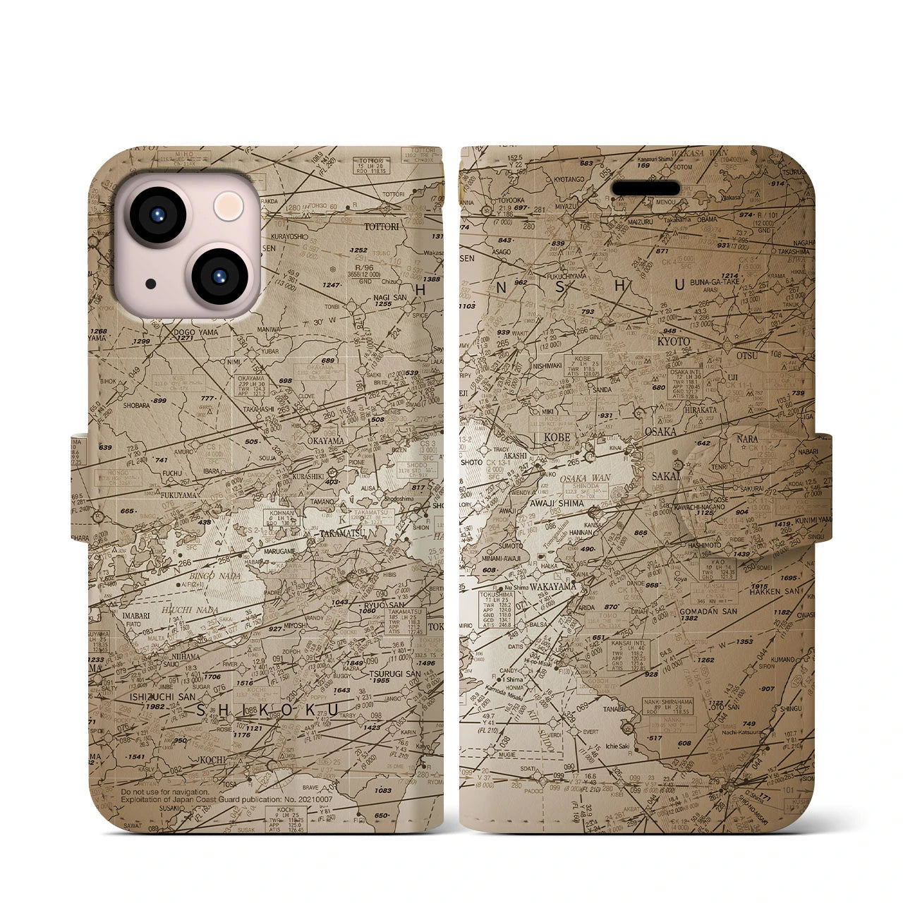 【大阪航空図(大阪府)】航空図iPhoneケース(手帳タイプ)セピア・iPhone 13 mini 用