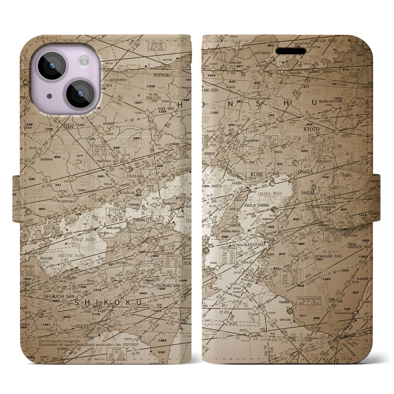 【大阪航空図(大阪府)】航空図iPhoneケース(手帳タイプ)セピア・iPhone 14 用