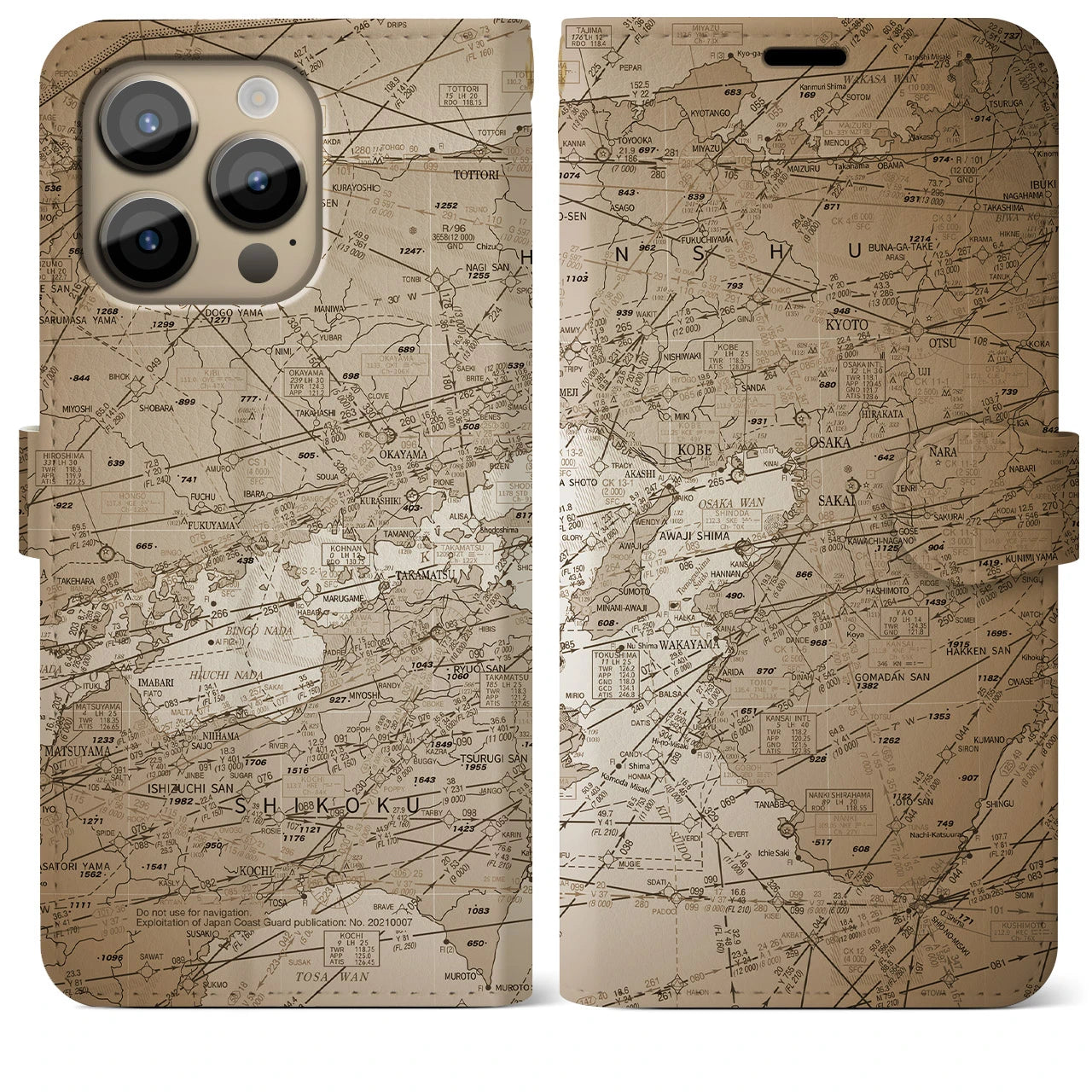 【大阪航空図(大阪府)】航空図iPhoneケース(手帳タイプ)セピア・iPhone 14 Pro Max 用