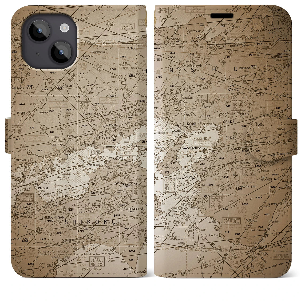 【大阪航空図(大阪府)】航空図iPhoneケース(手帳タイプ)セピア・iPhone 14 Plus 用