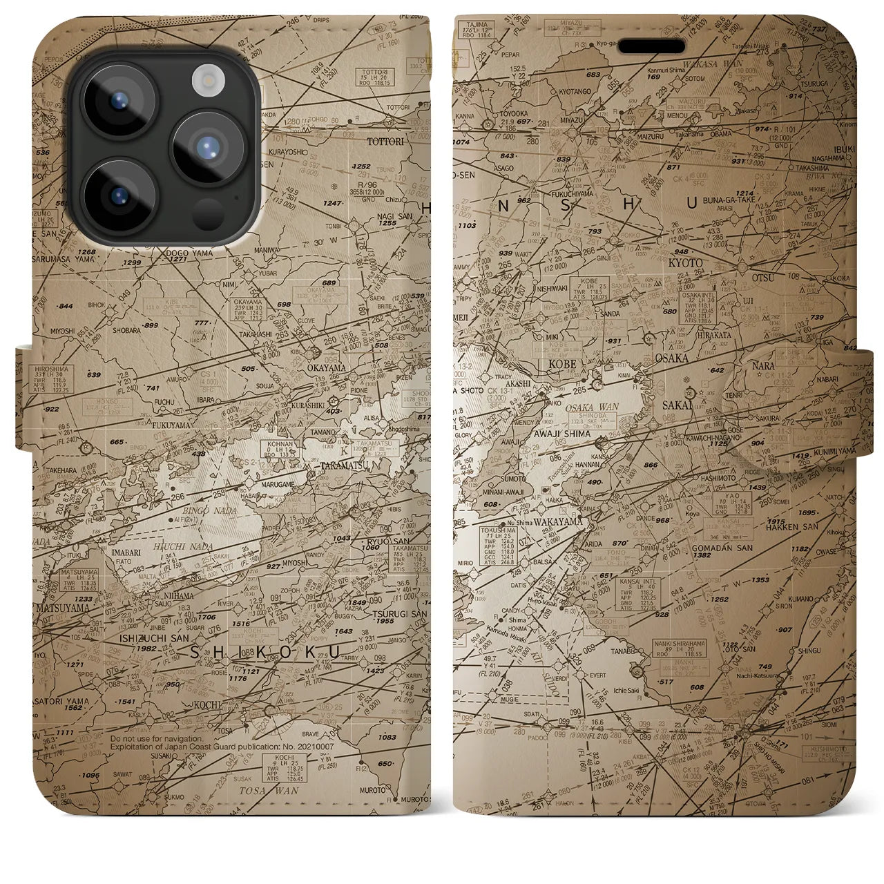 【大阪航空図(大阪府)】航空図iPhoneケース(手帳タイプ)セピア・iPhone 15 Pro Max 用