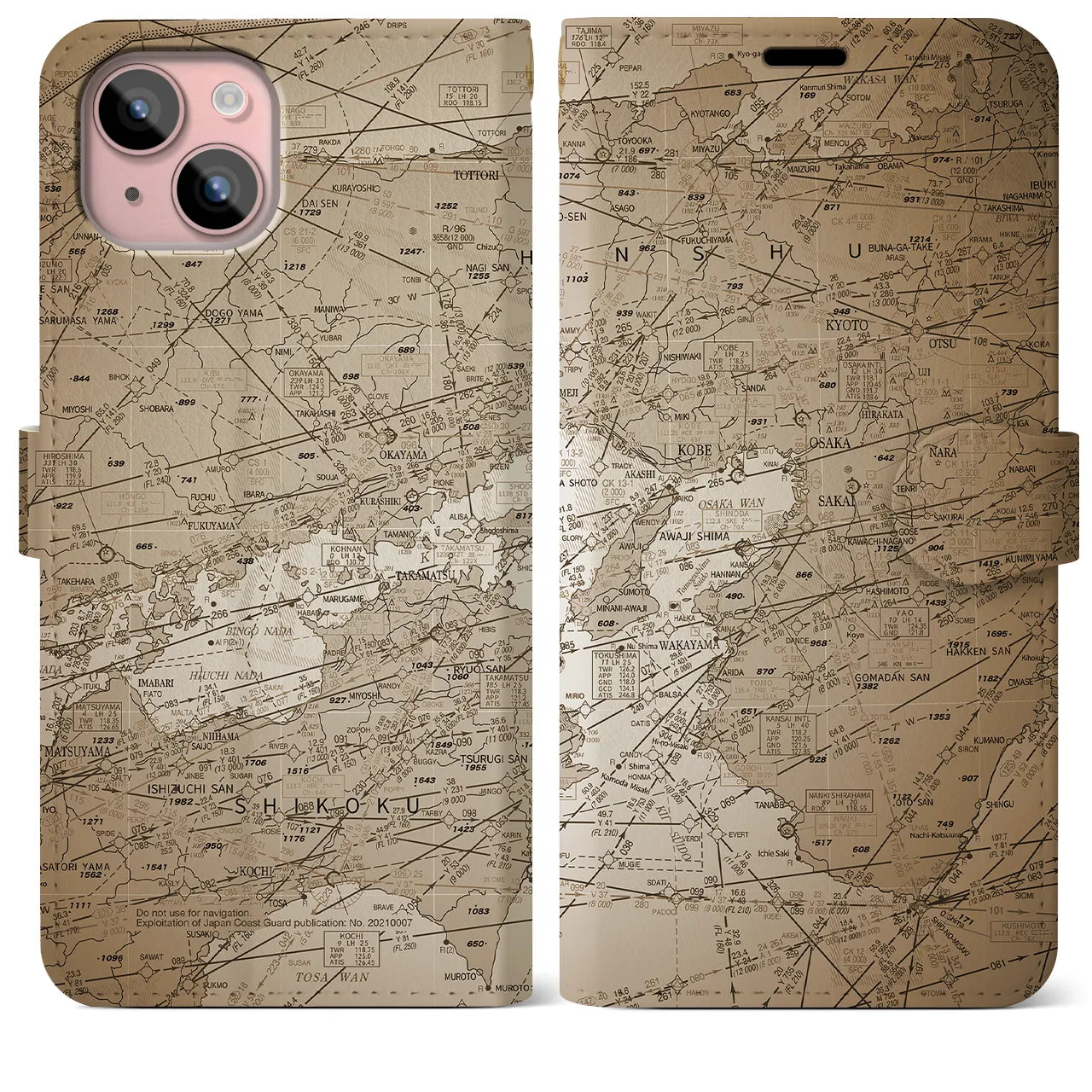 【大阪航空図(大阪府)】航空図iPhoneケース(手帳タイプ)セピア・iPhone 15 Plus 用