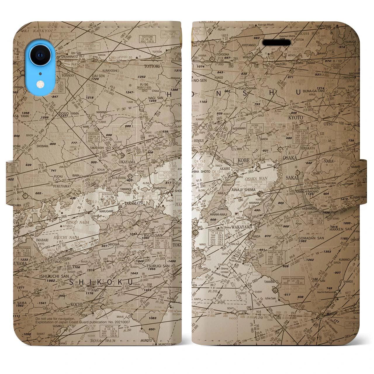 【大阪航空図(大阪府)】航空図iPhoneケース(手帳タイプ)セピア・iPhone XR 用