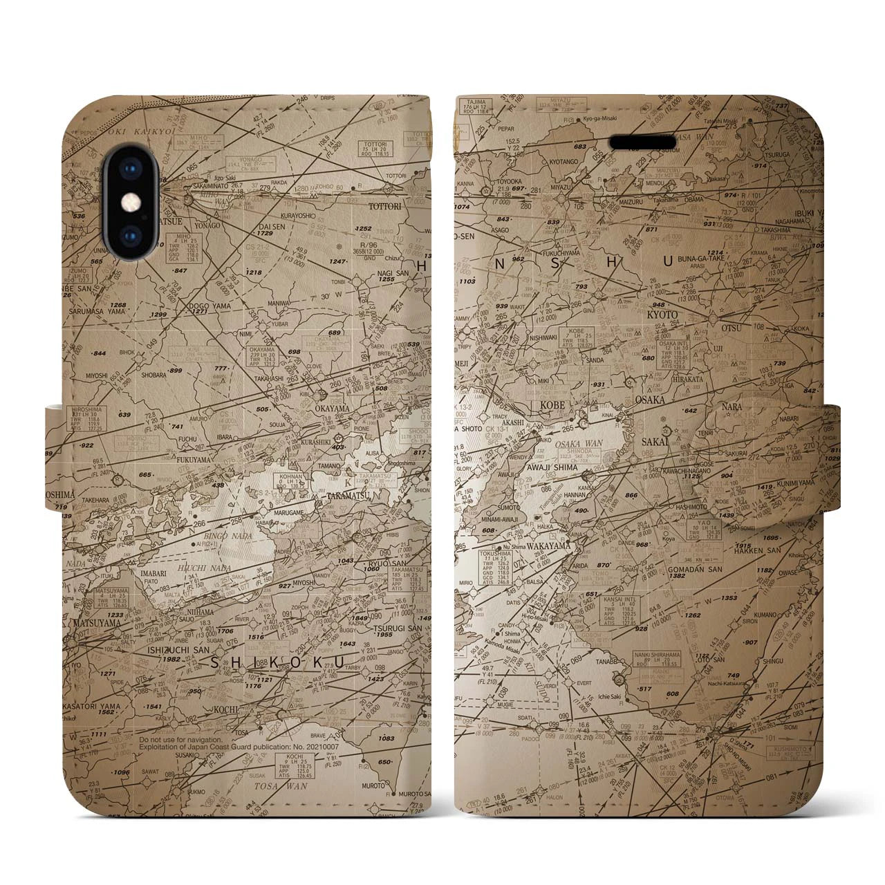 【大阪航空図(大阪府)】航空図iPhoneケース(手帳タイプ)セピア・iPhone XS / X 用