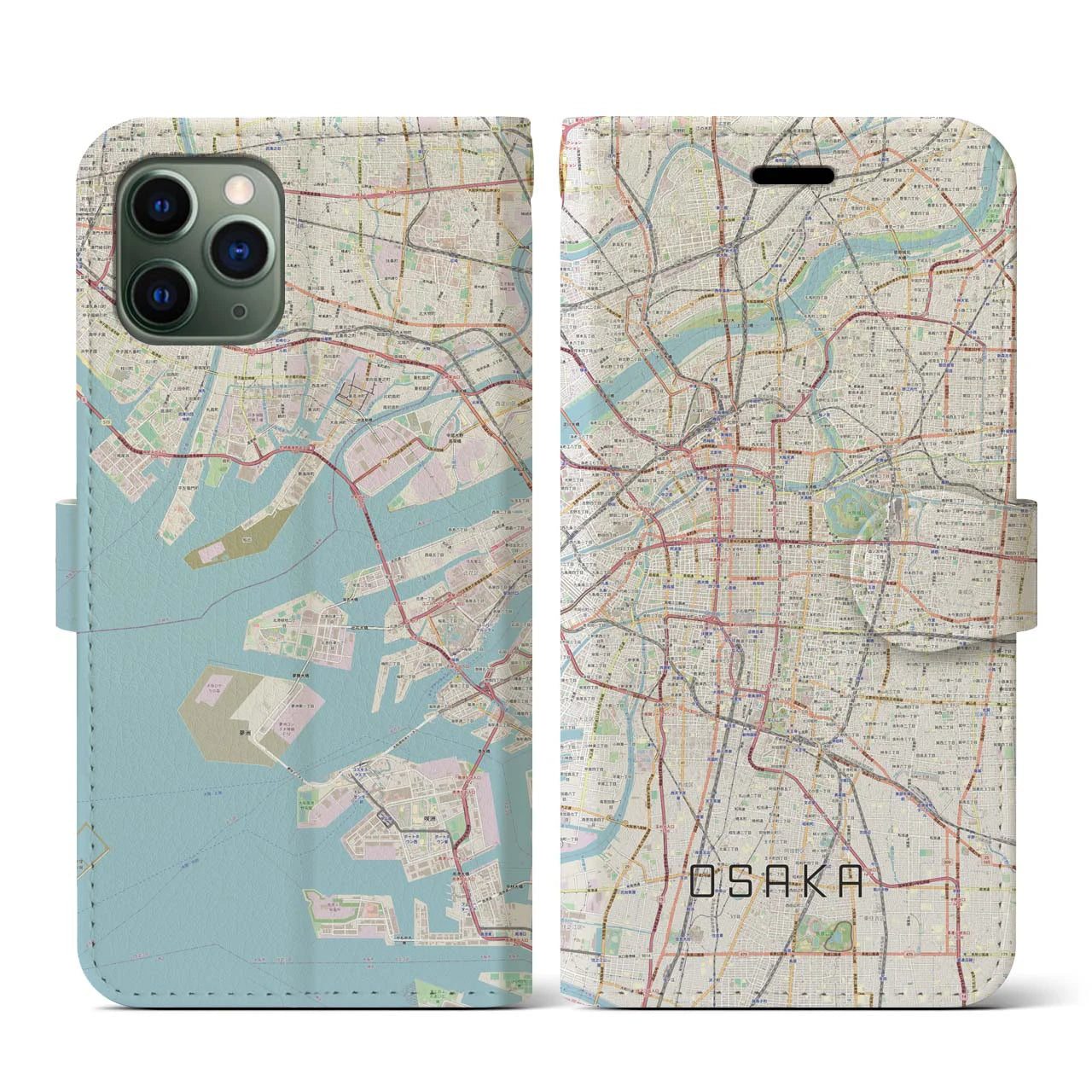 【大阪(大阪府)】地図柄iPhoneケース(手帳タイプ)ナチュラル・iPhone 11 Pro 用
