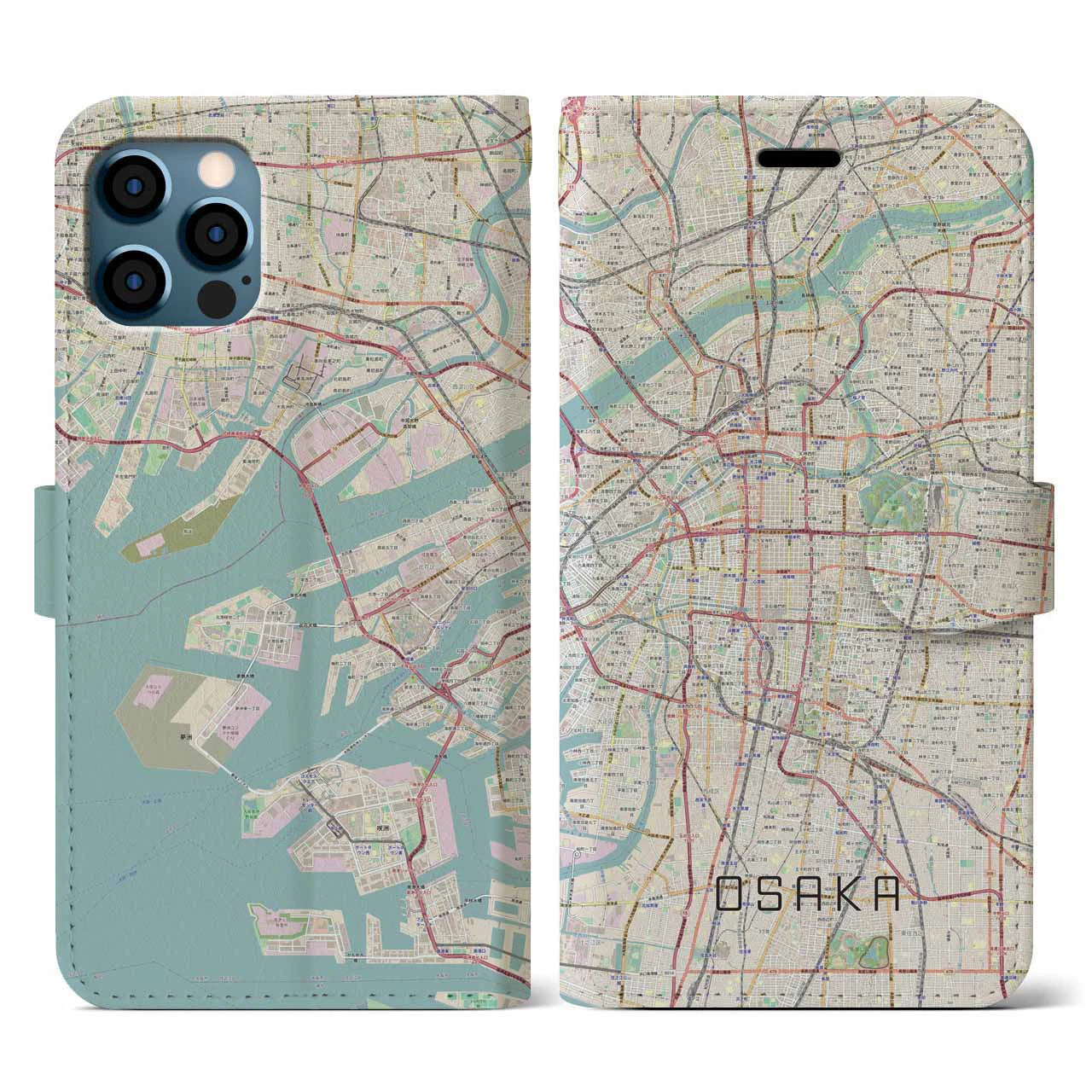 【大阪(大阪府)】地図柄iPhoneケース(手帳タイプ)ナチュラル・iPhone 12 / 12 Pro 用