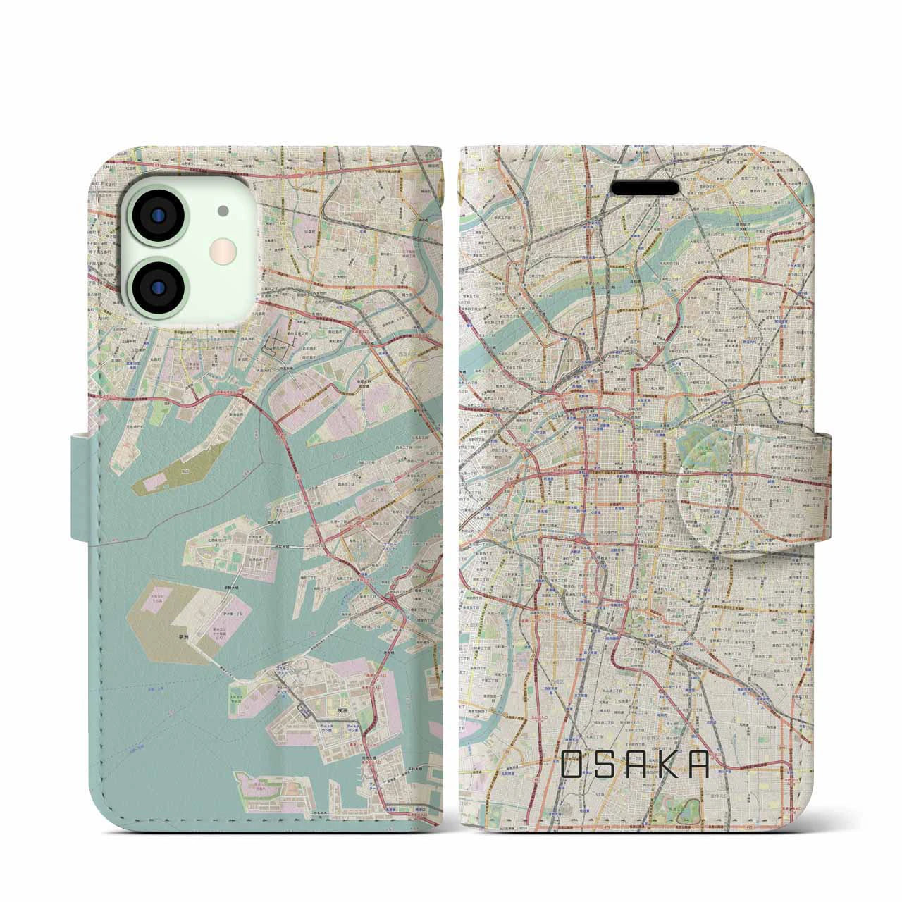 【大阪(大阪府)】地図柄iPhoneケース(手帳タイプ)ナチュラル・iPhone 12 mini 用