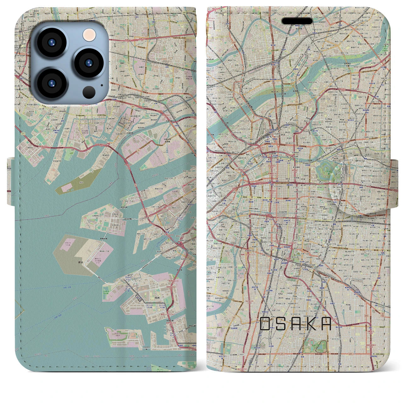 【大阪(大阪府)】地図柄iPhoneケース(手帳タイプ)ナチュラル・iPhone 13 Pro Max 用