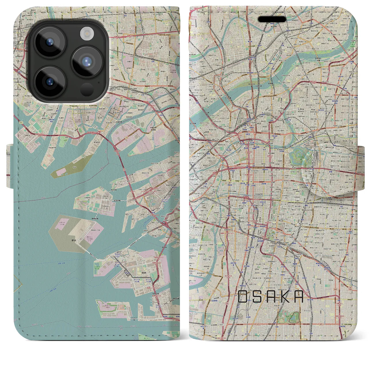 【大阪(大阪府)】地図柄iPhoneケース(手帳タイプ)ナチュラル・iPhone 15 Pro Max 用