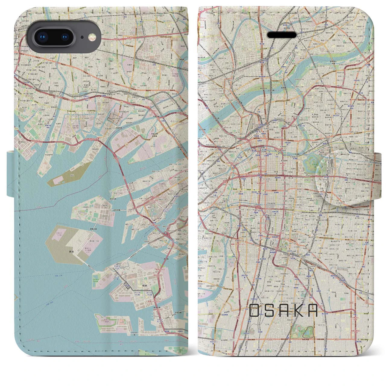 【大阪(大阪府)】地図柄iPhoneケース(手帳タイプ)ナチュラル・iPhone 8Plus /7Plus / 6sPlus / 6Plus 用