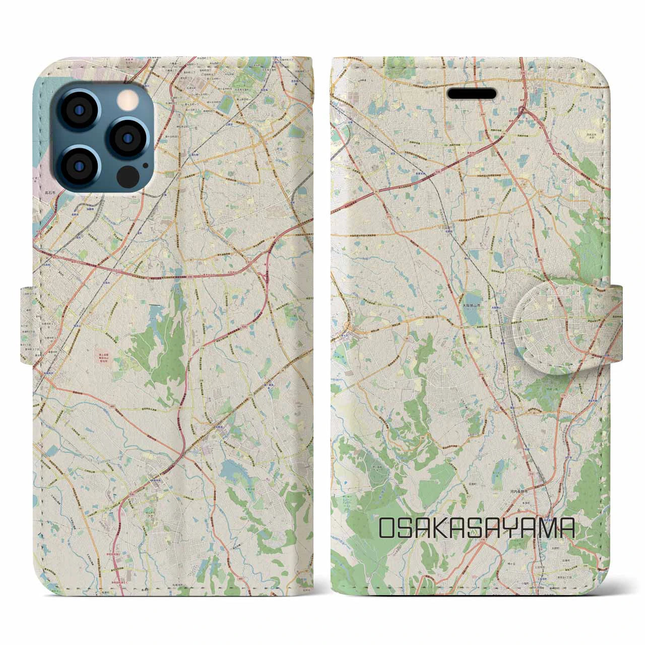 【大阪狭山(大阪府)】地図柄iPhoneケース(手帳タイプ)ナチュラル・iPhone 12 / 12 Pro 用