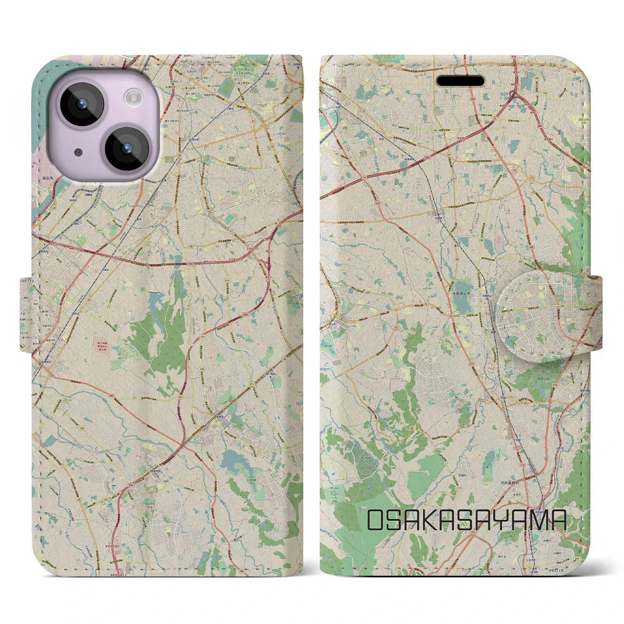 【大阪狭山(大阪府)】地図柄iPhoneケース(手帳タイプ)ナチュラル・iPhone 14 用