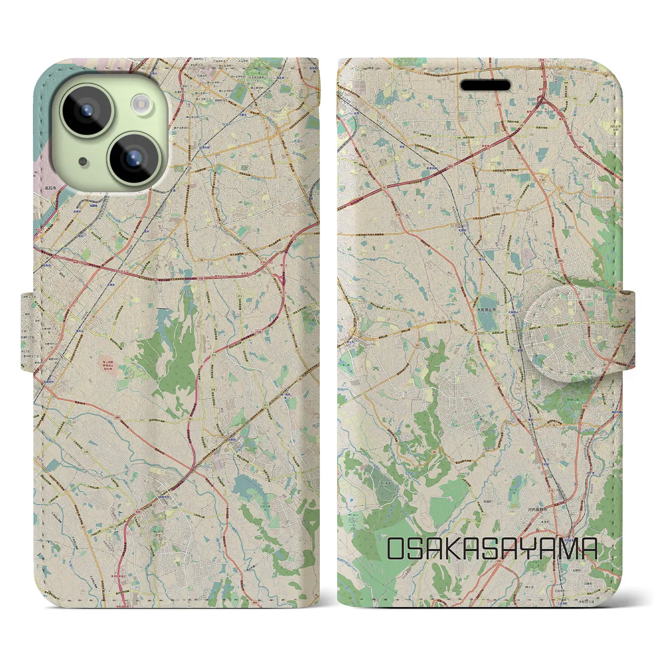 【大阪狭山(大阪府)】地図柄iPhoneケース(手帳タイプ)ナチュラル・iPhone 15 用