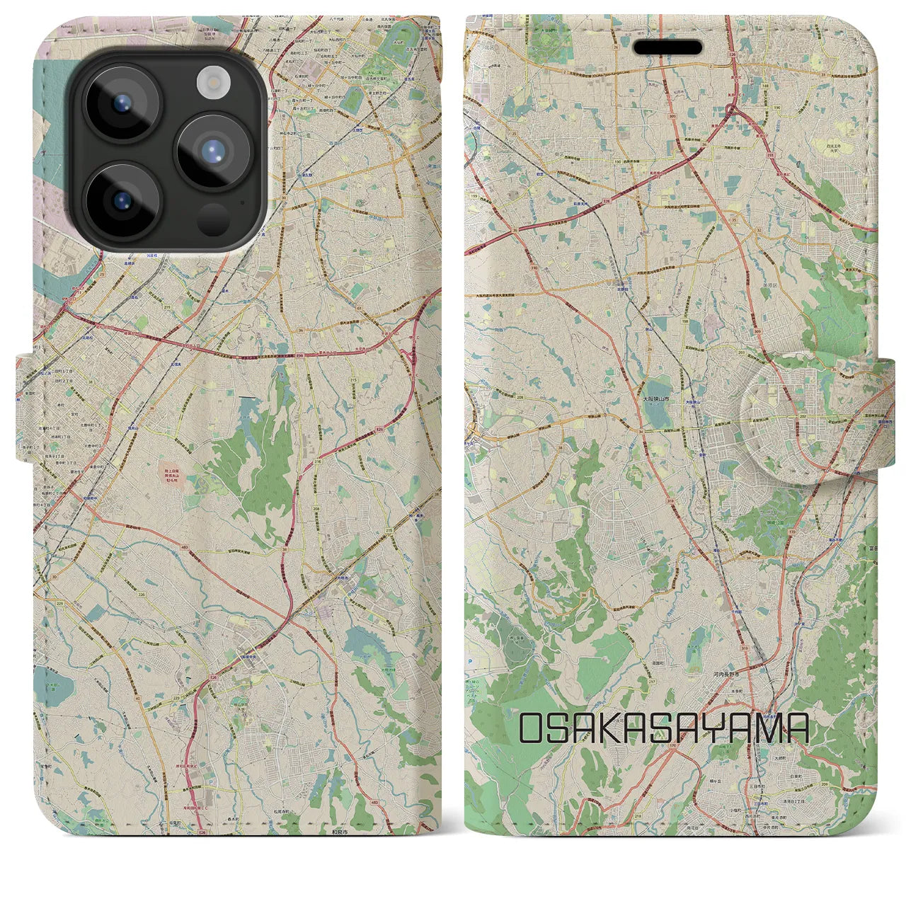 【大阪狭山(大阪府)】地図柄iPhoneケース(手帳タイプ)ナチュラル・iPhone 15 Pro Max 用