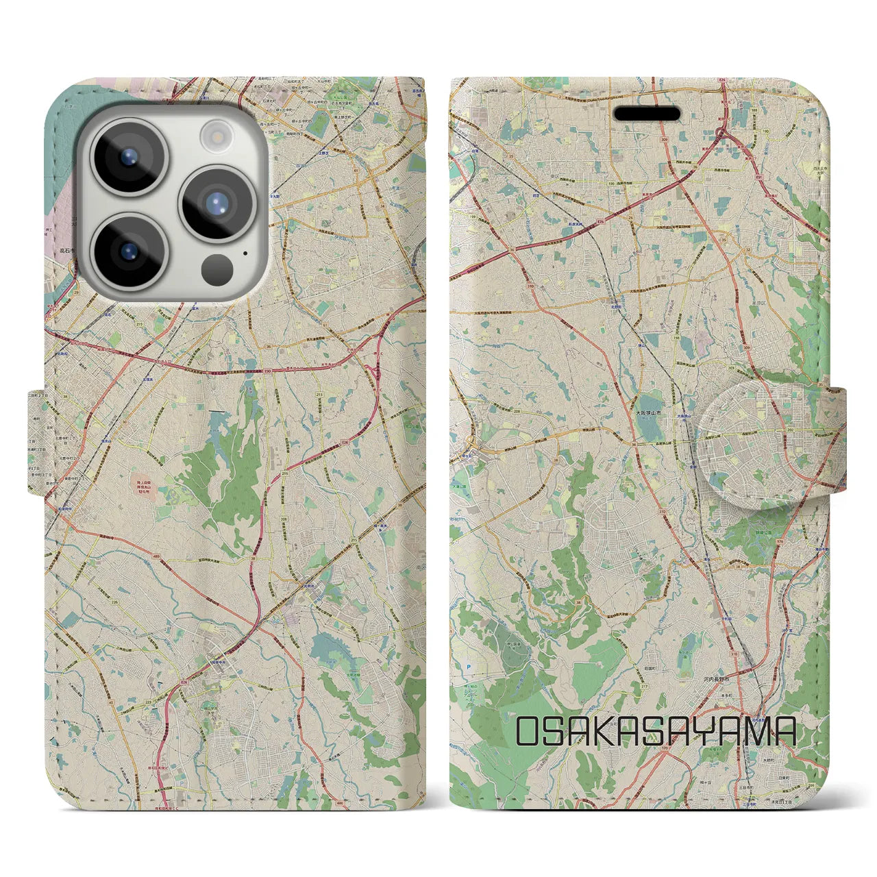 【大阪狭山(大阪府)】地図柄iPhoneケース(手帳タイプ)ナチュラル・iPhone 15 Pro 用
