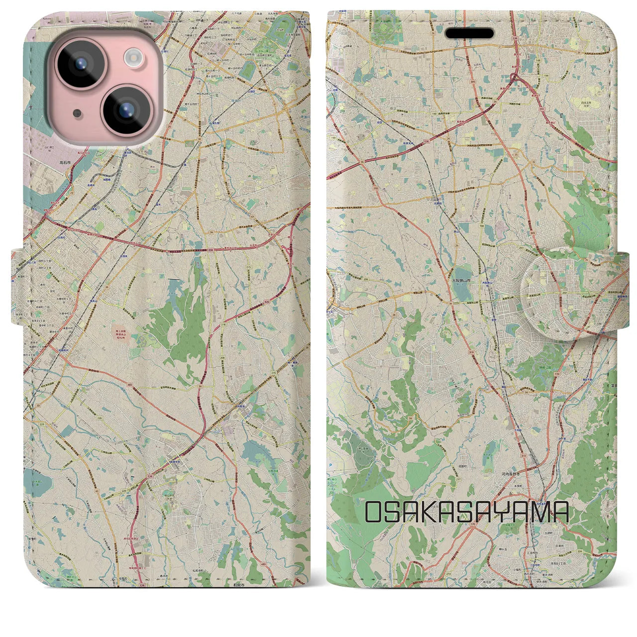 【大阪狭山(大阪府)】地図柄iPhoneケース(手帳タイプ)ナチュラル・iPhone 15 Plus 用