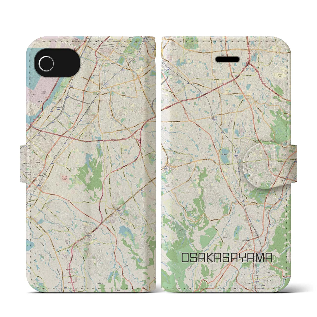 【大阪狭山(大阪府)】地図柄iPhoneケース(手帳タイプ)ナチュラル・iPhone SE(第3 / 第2世代) / 8 / 7 / 6s / 6 用