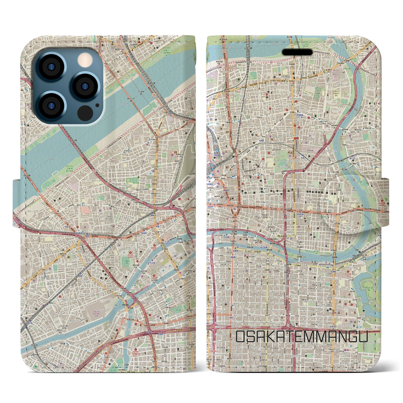 【大阪天満宮(大阪府)】地図柄iPhoneケース(手帳タイプ)ナチュラル・iPhone 12 / 12 Pro 用