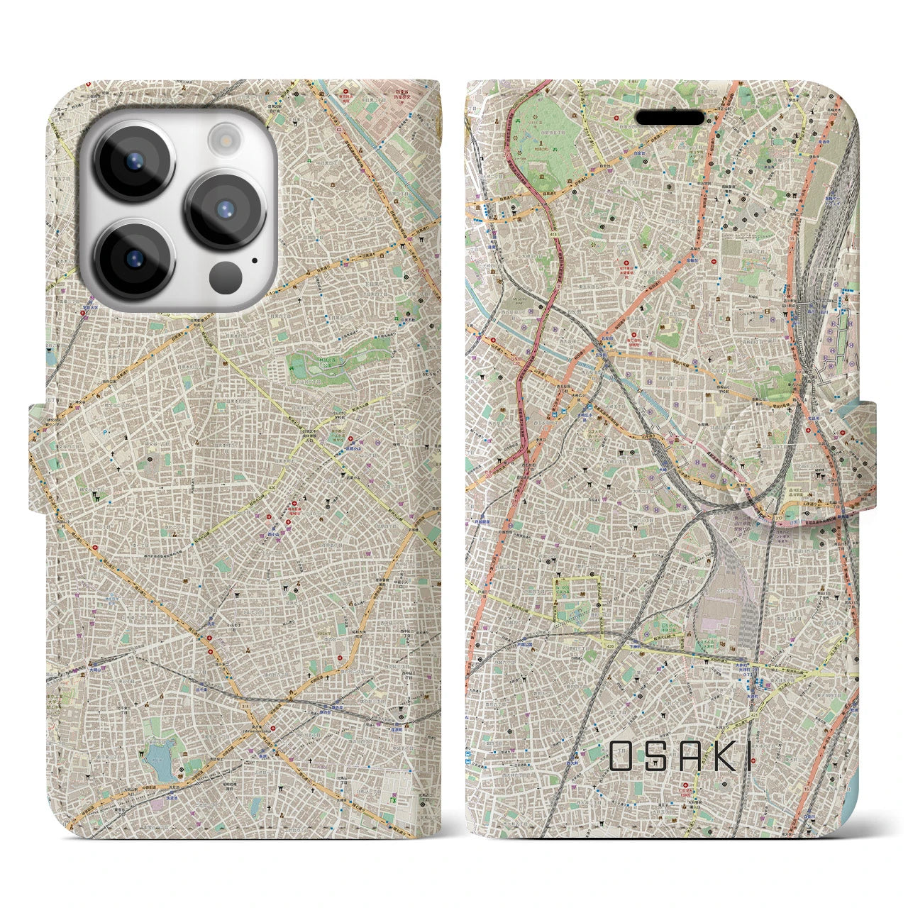 【大崎(東京都)】地図柄iPhoneケース(手帳タイプ)ナチュラル・iPhone 14 Pro 用