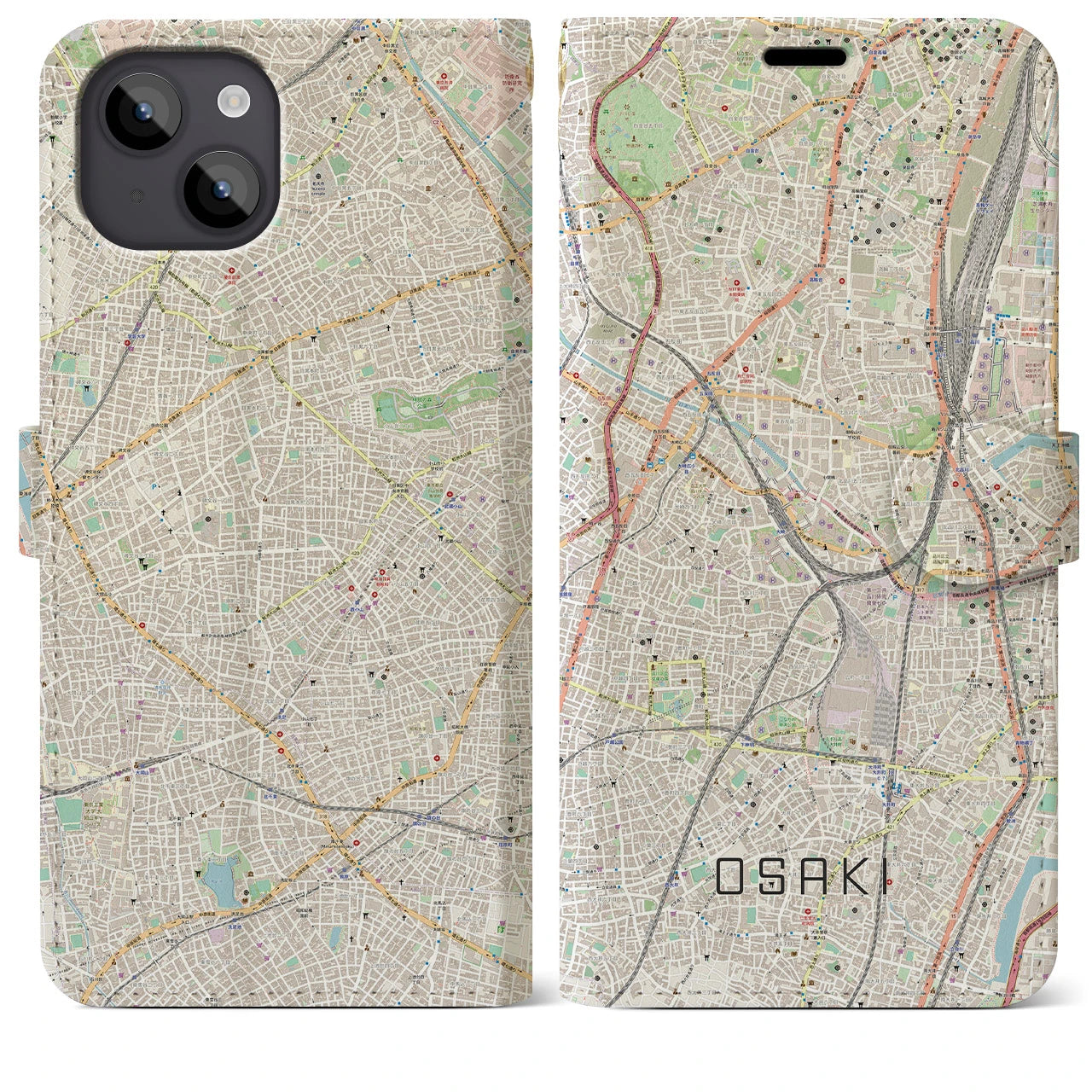 【大崎(東京都)】地図柄iPhoneケース(手帳タイプ)ナチュラル・iPhone 14 Plus 用