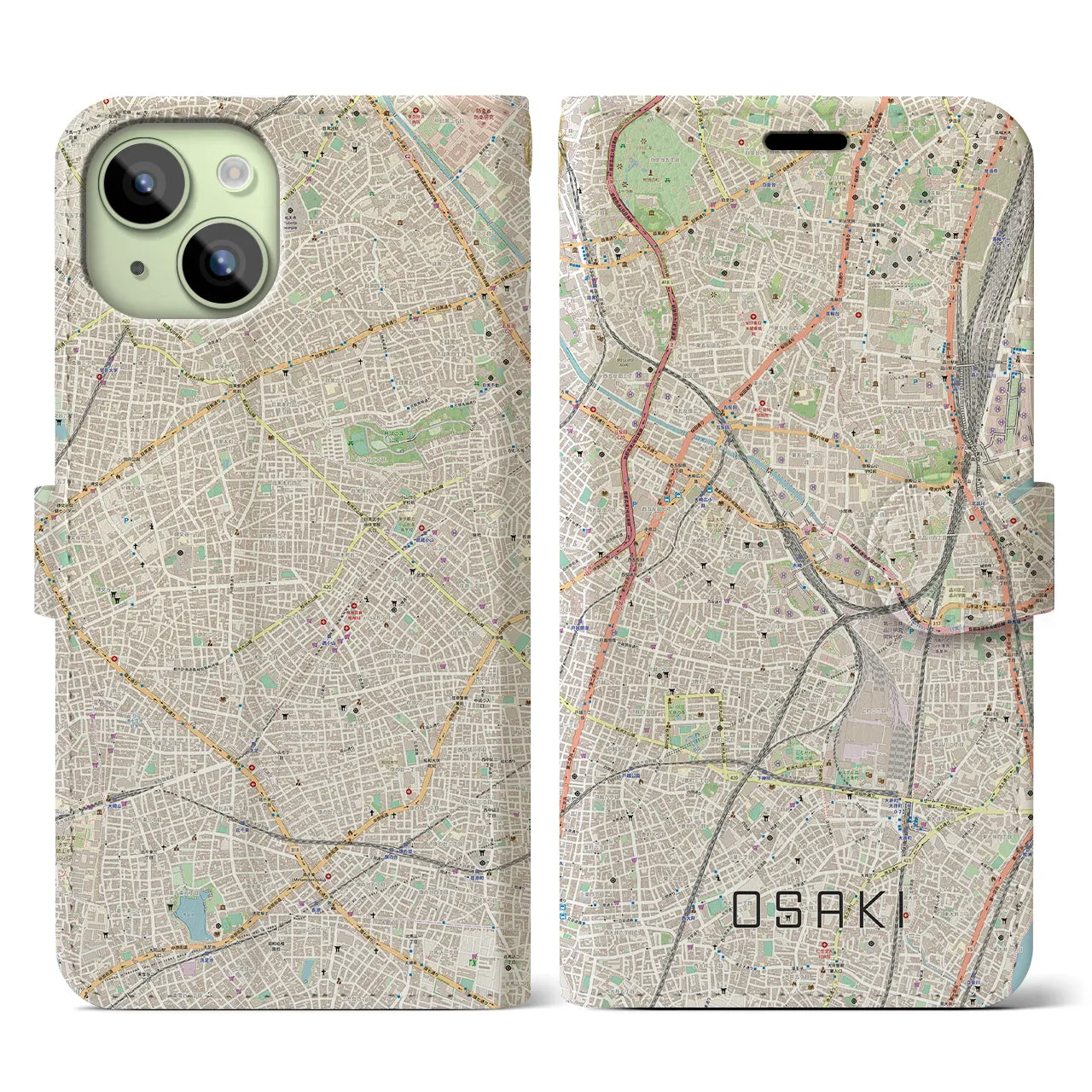 【大崎(東京都)】地図柄iPhoneケース(手帳タイプ)ナチュラル・iPhone 15 用
