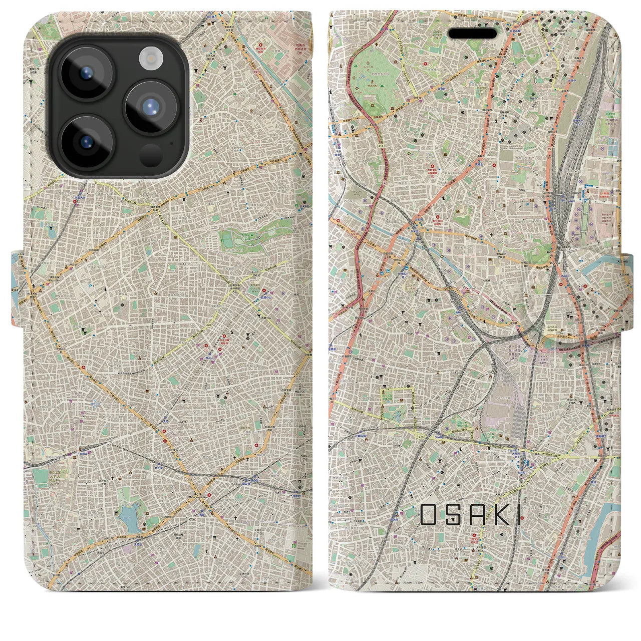 【大崎(東京都)】地図柄iPhoneケース(手帳タイプ)ナチュラル・iPhone 15 Pro Max 用
