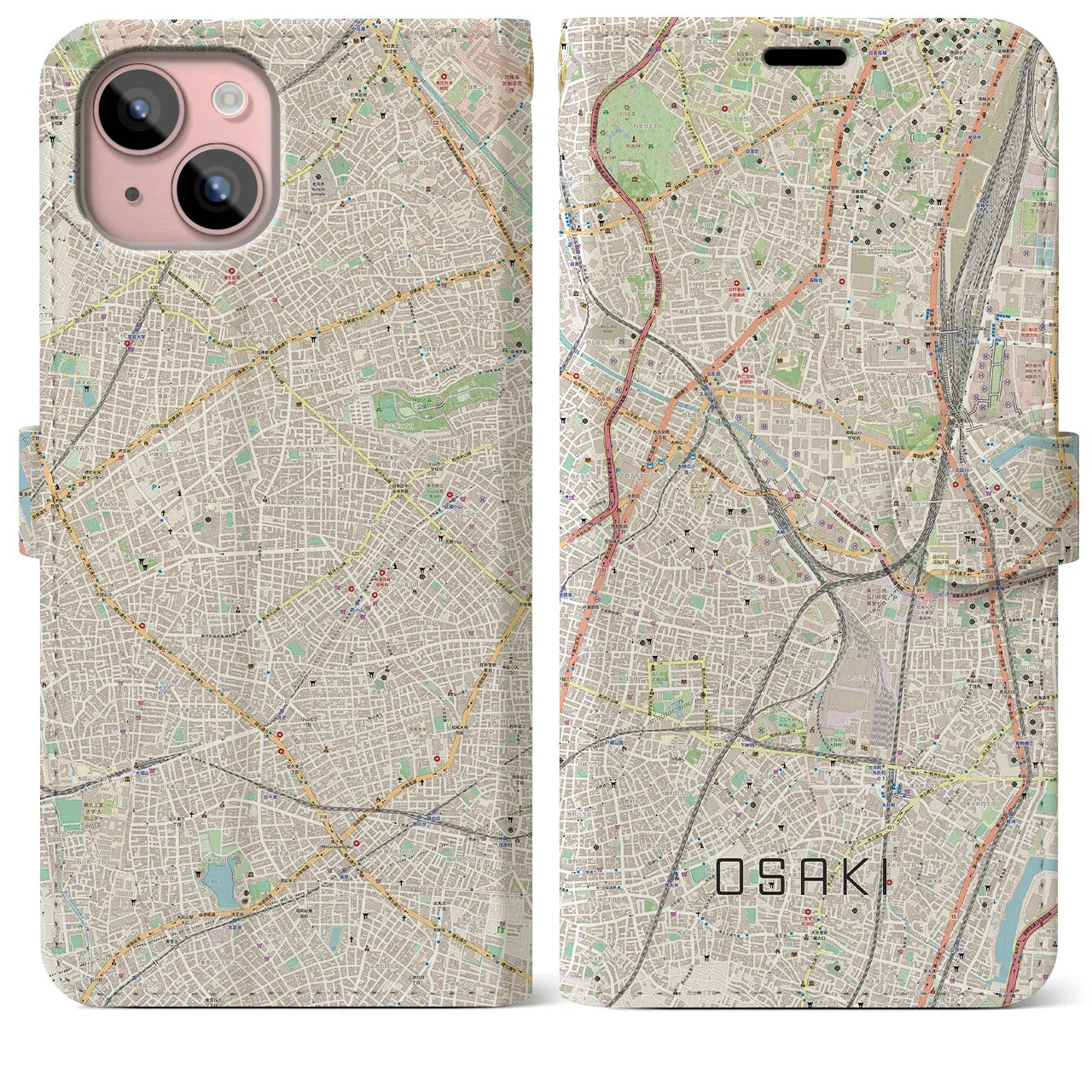 【大崎(東京都)】地図柄iPhoneケース(手帳タイプ)ナチュラル・iPhone 15 Plus 用