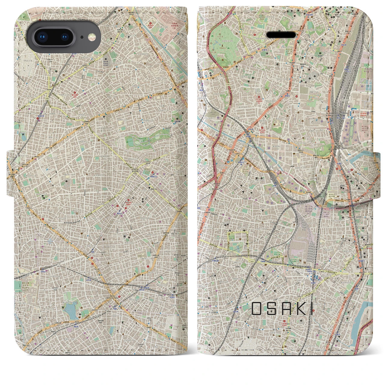 【大崎(東京都)】地図柄iPhoneケース(手帳タイプ)ナチュラル・iPhone 8Plus /7Plus / 6sPlus / 6Plus 用