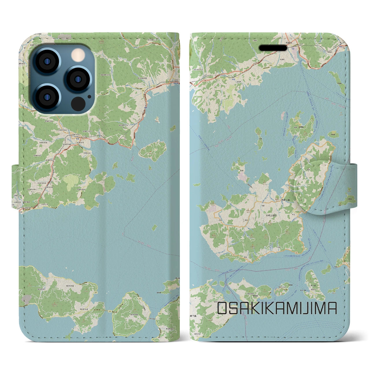 【大崎上島(広島県)】地図柄iPhoneケース(手帳タイプ)ナチュラル・iPhone 12 / 12 Pro 用