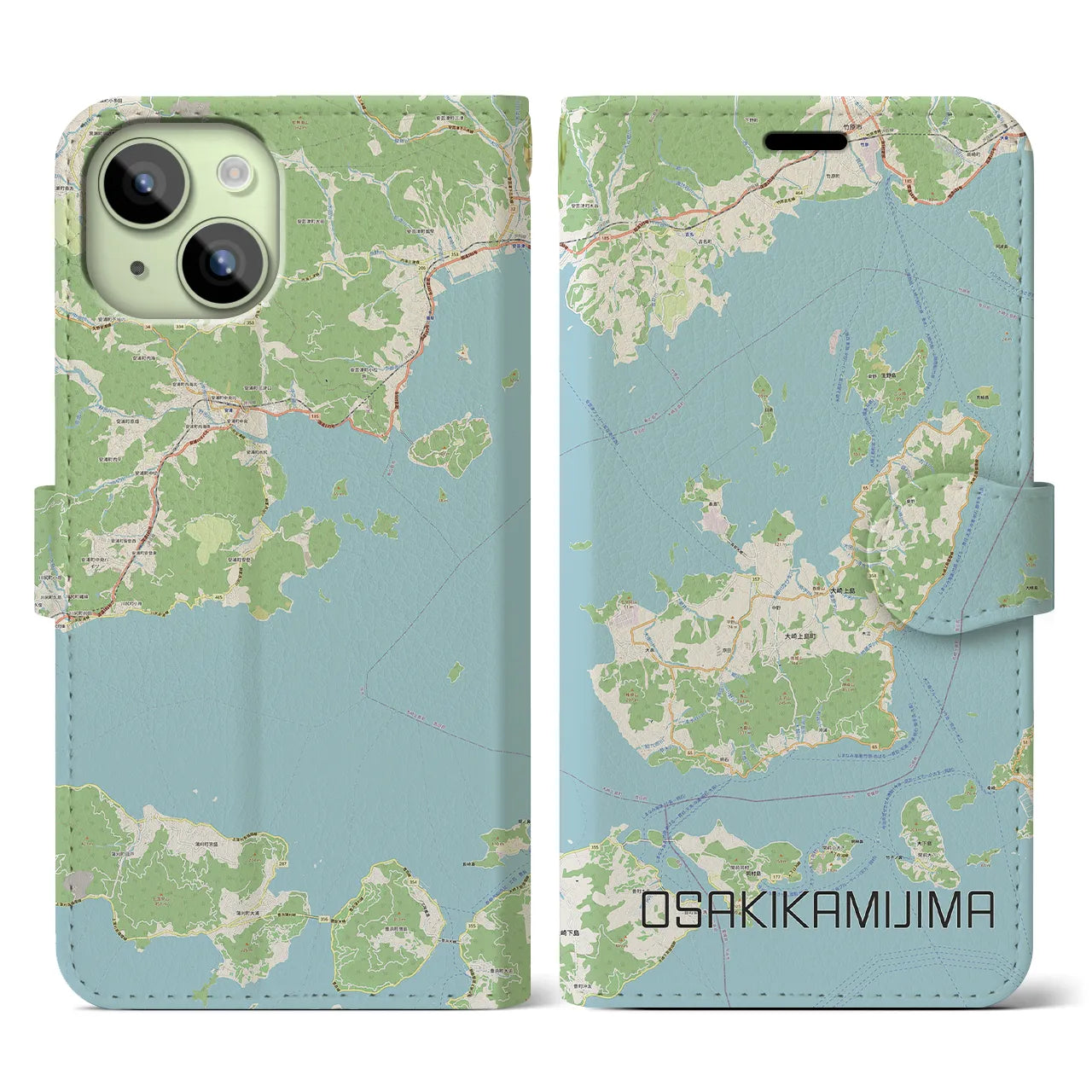 【大崎上島(広島県)】地図柄iPhoneケース(手帳タイプ)ナチュラル・iPhone 15 用