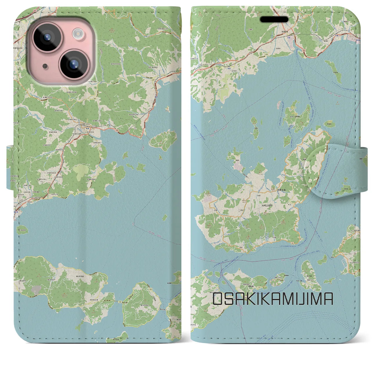 【大崎上島(広島県)】地図柄iPhoneケース(手帳タイプ)ナチュラル・iPhone 15 Plus 用