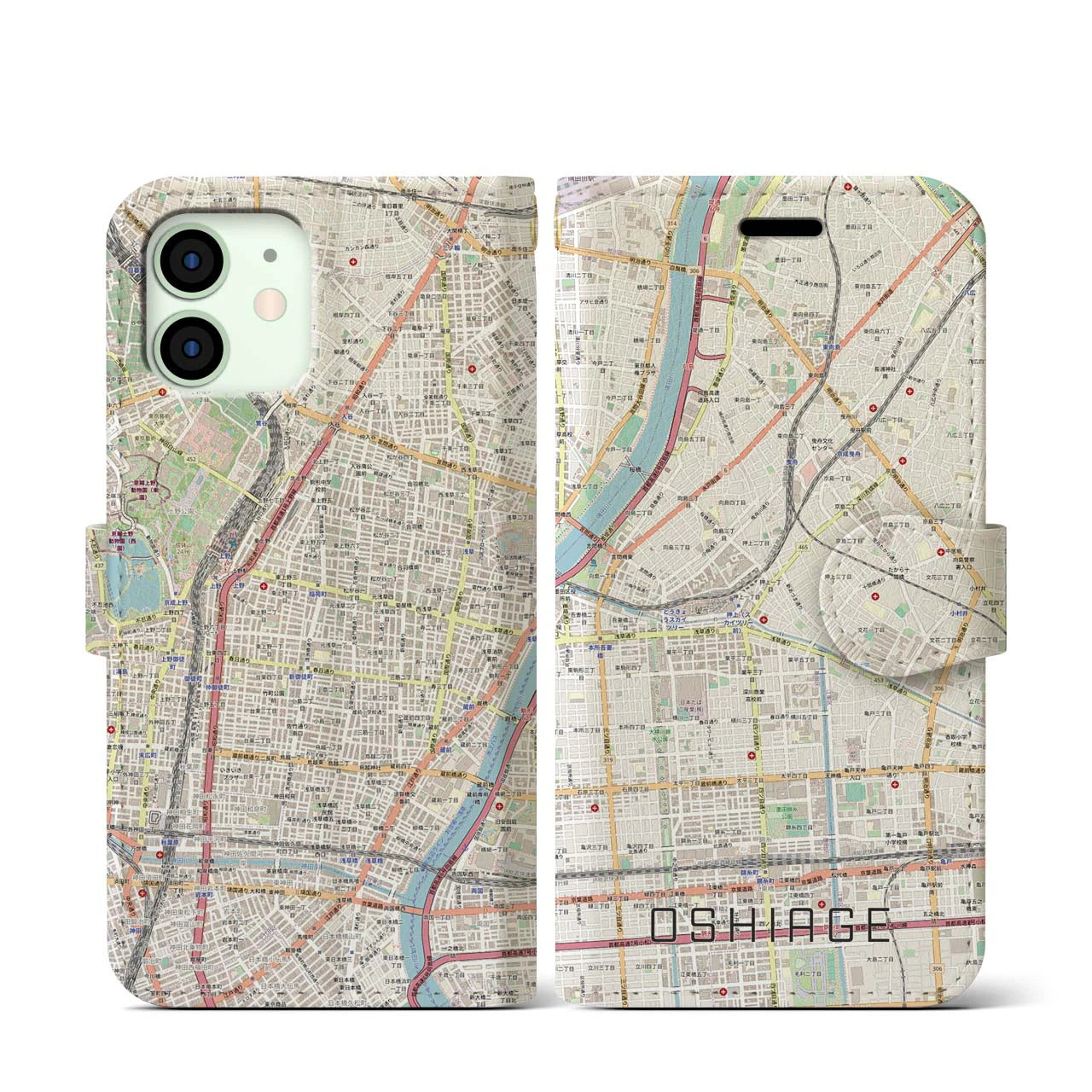 【押上(東京都)】地図柄iPhoneケース(手帳タイプ)ナチュラル・iPhone 12 mini 用