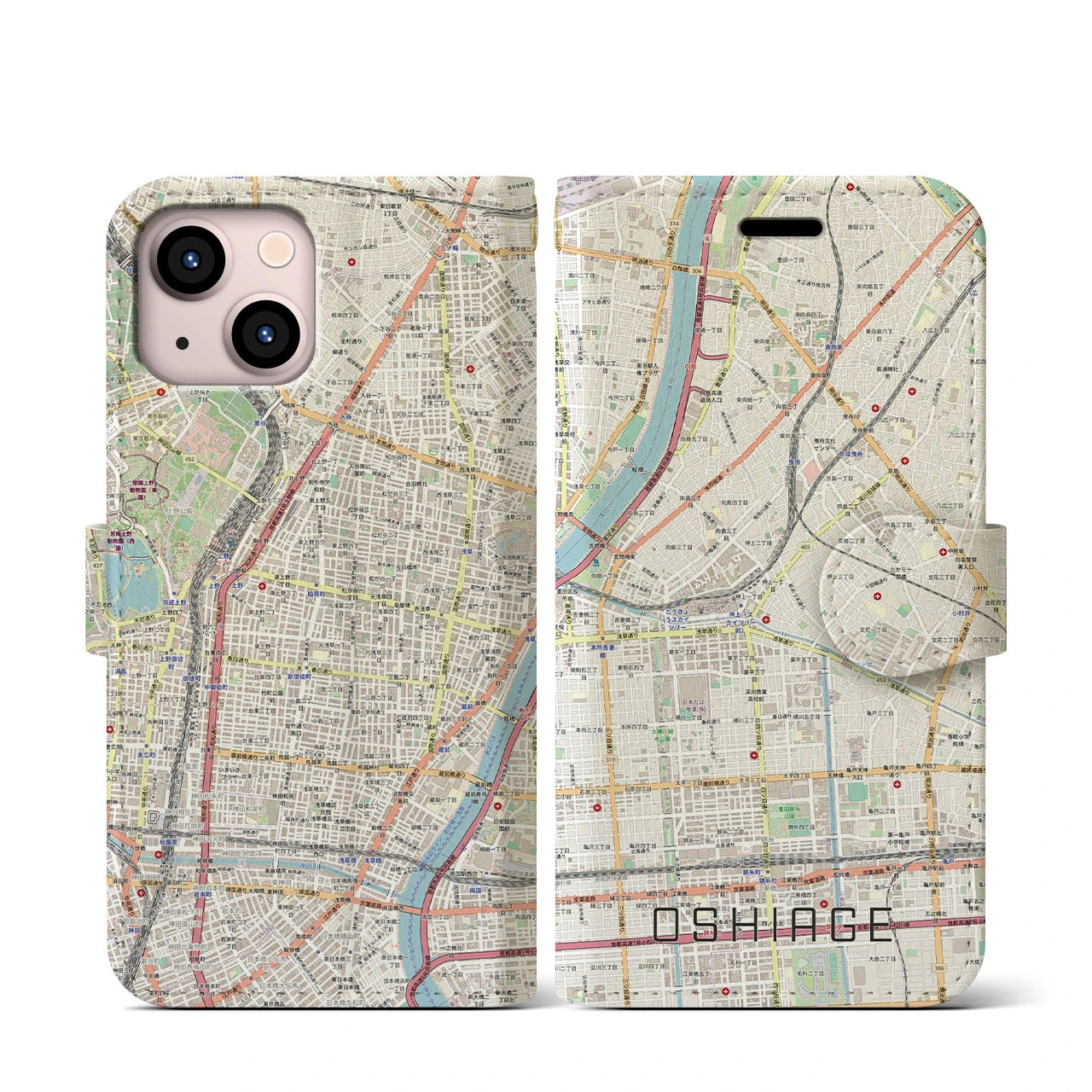【押上(東京都)】地図柄iPhoneケース(手帳タイプ)ナチュラル・iPhone 13 mini 用