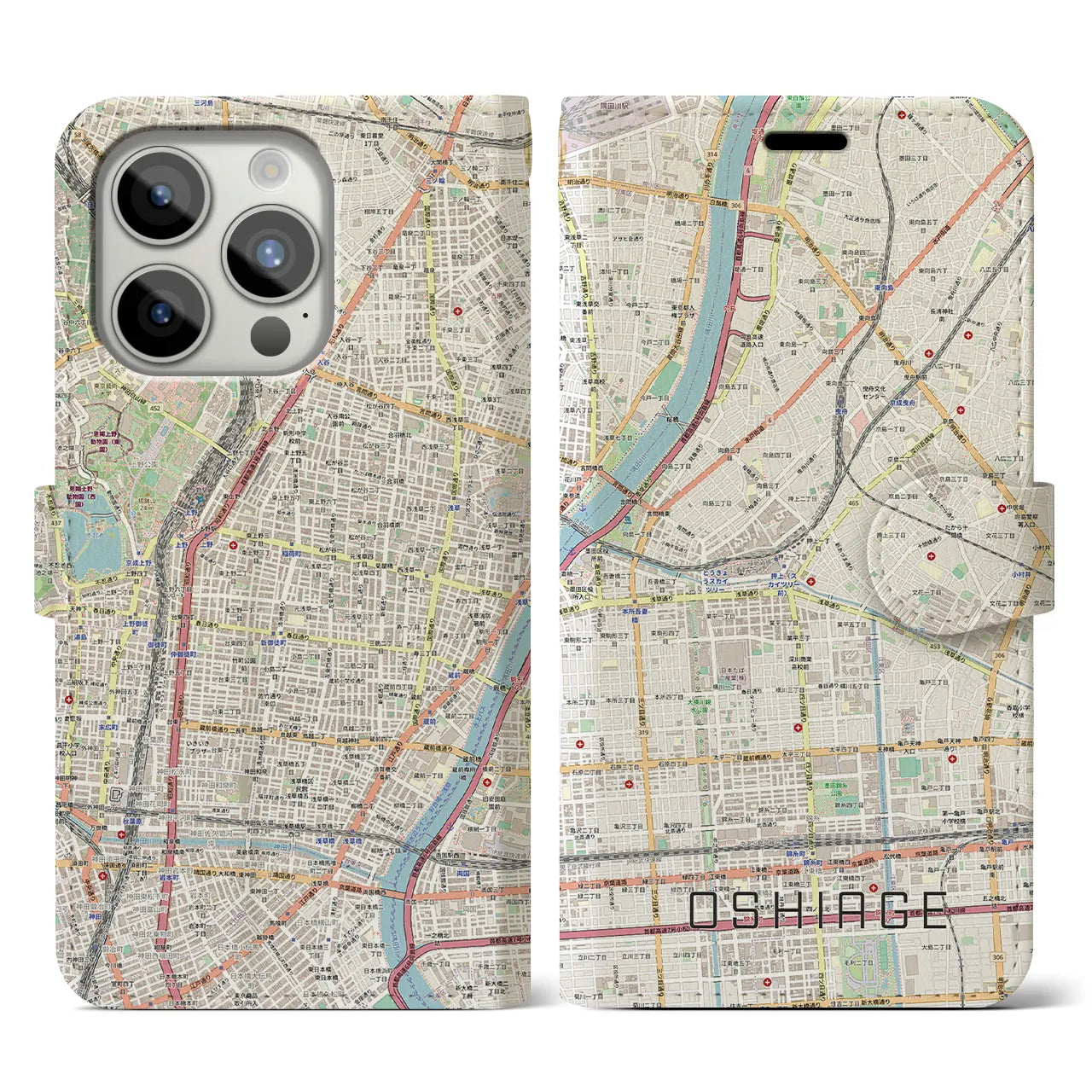 【押上(東京都)】地図柄iPhoneケース(手帳タイプ)ナチュラル・iPhone 15 Pro 用
