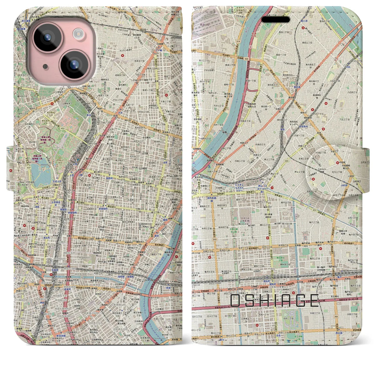 【押上(東京都)】地図柄iPhoneケース(手帳タイプ)ナチュラル・iPhone 15 Plus 用