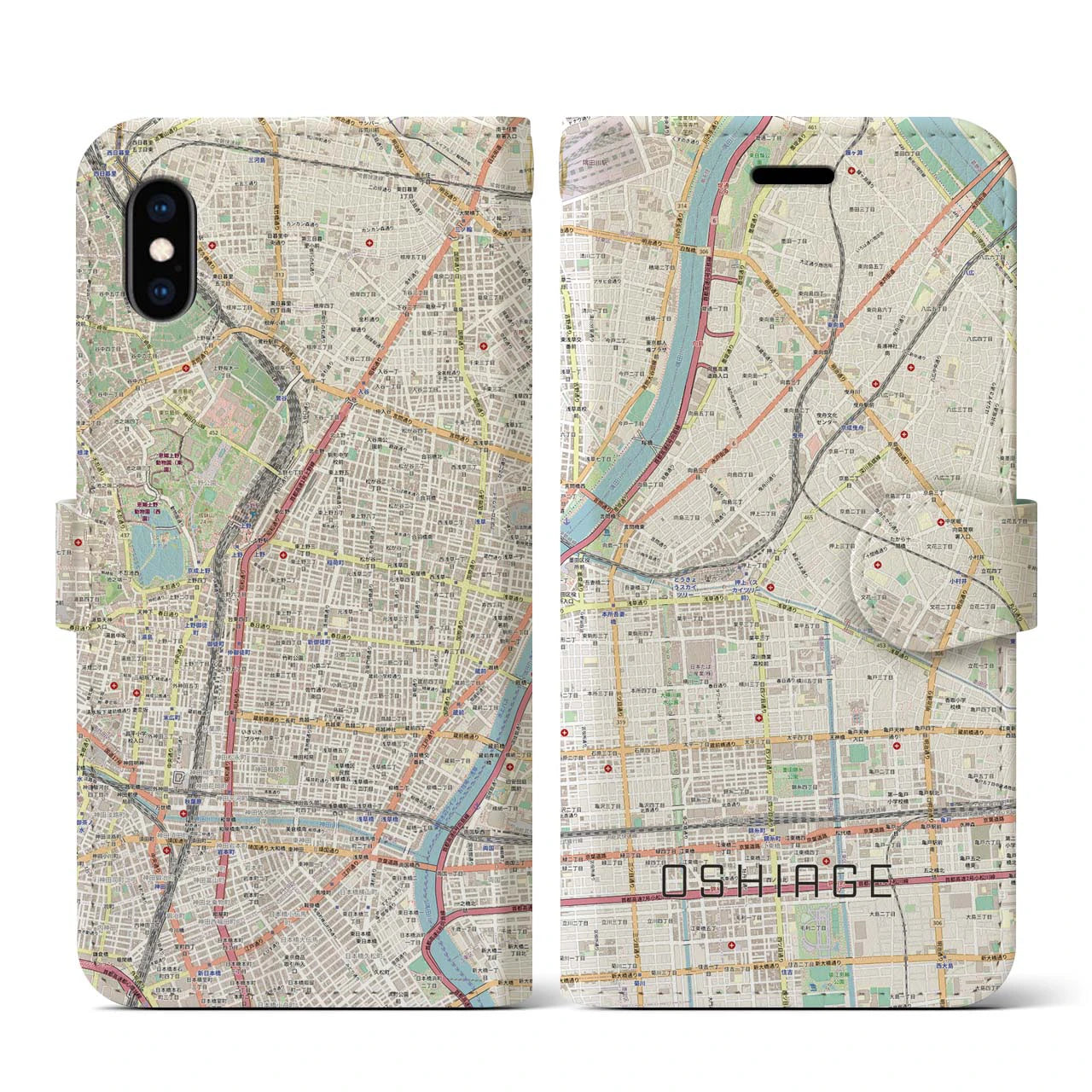 【押上(東京都)】地図柄iPhoneケース(手帳タイプ)ナチュラル・iPhone XS / X 用