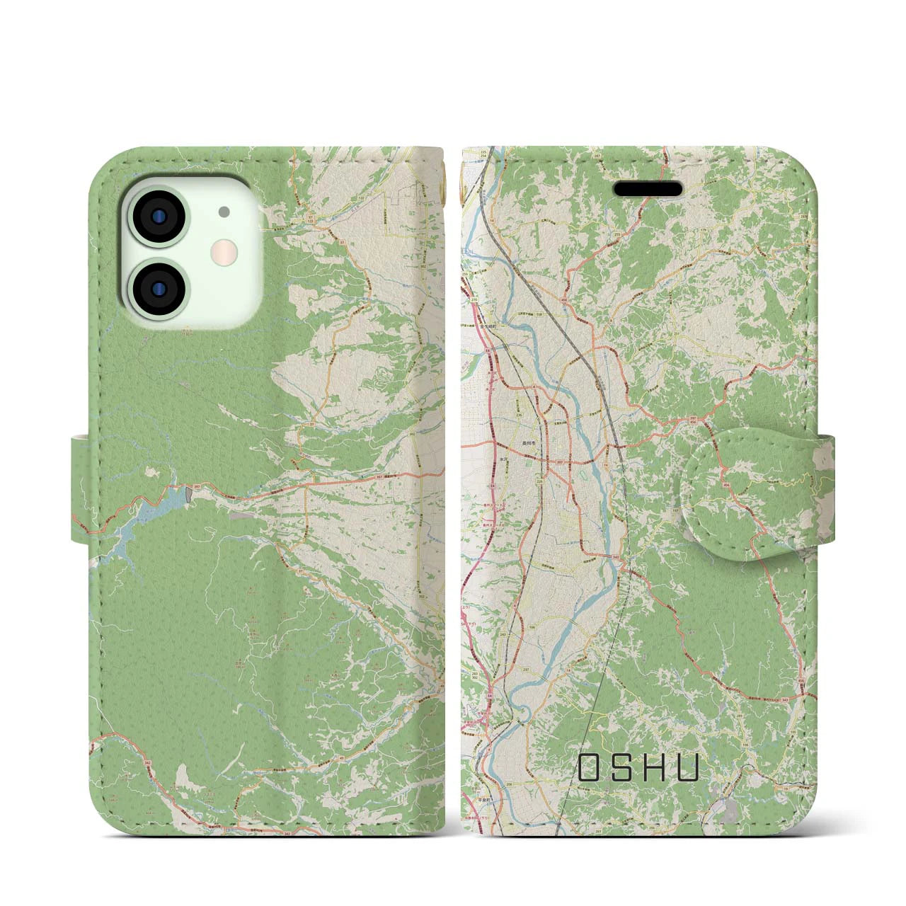 【奥州(岩手県)】地図柄iPhoneケース(手帳タイプ)ナチュラル・iPhone 12 mini 用
