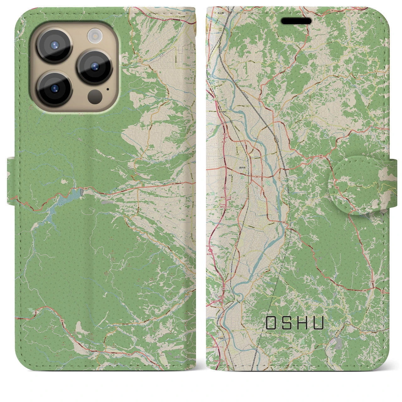 【奥州(岩手県)】地図柄iPhoneケース(手帳タイプ)ナチュラル・iPhone 14 Pro Max 用