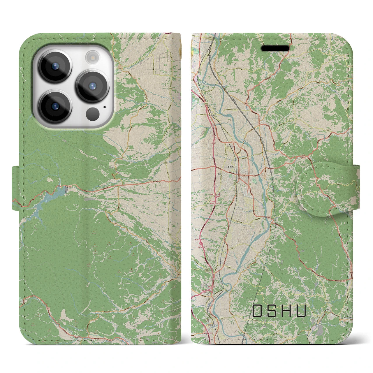 【奥州(岩手県)】地図柄iPhoneケース(手帳タイプ)ナチュラル・iPhone 14 Pro 用