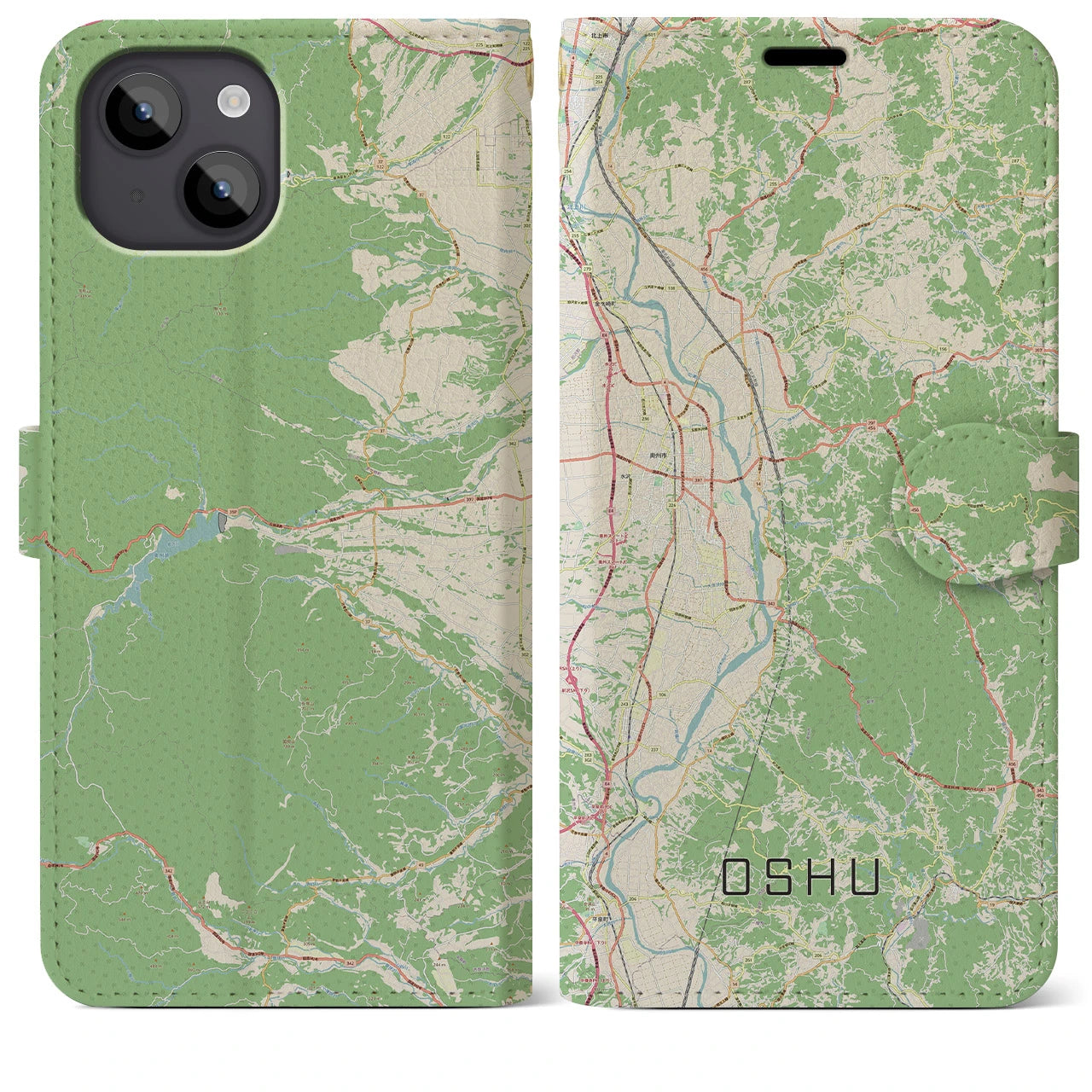 【奥州(岩手県)】地図柄iPhoneケース(手帳タイプ)ナチュラル・iPhone 14 Plus 用